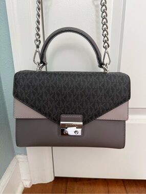 Michael Kors Two-Tone Logo-Print Top-Handle Satchel in Black and Taupe